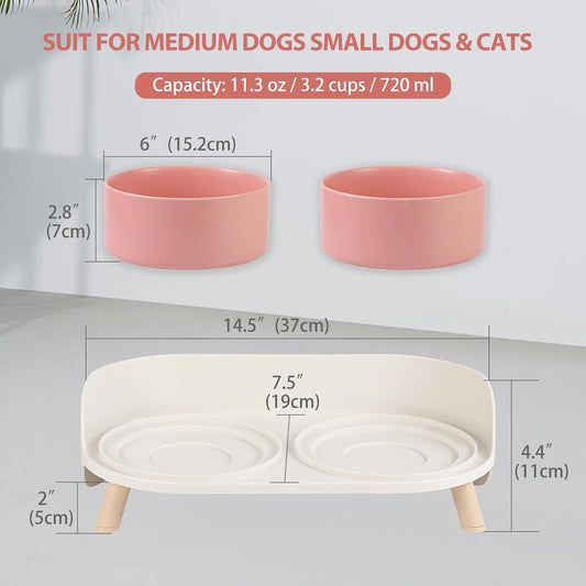 Elevated Ceramic Dog Bowl Set - Double Dog Feeding Bowls with Stand Splash Proof - Raised Dishes for Food and Water - Ideal for Small to Medium Dogs - 2 x 720 ml - 11.3 oz - Pink