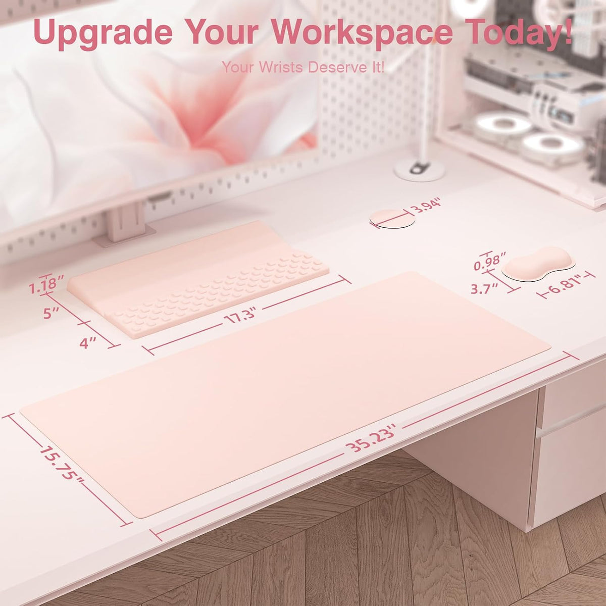 Ospelelf Keyboard Stand Wrist Rest Pad and Ergonomic Mouse Pad Set with Large Mousepad Desk Mat, Memory Foam Comfort, Premium Office Desk Accessories for Pain Relief and Efficiency, Pink