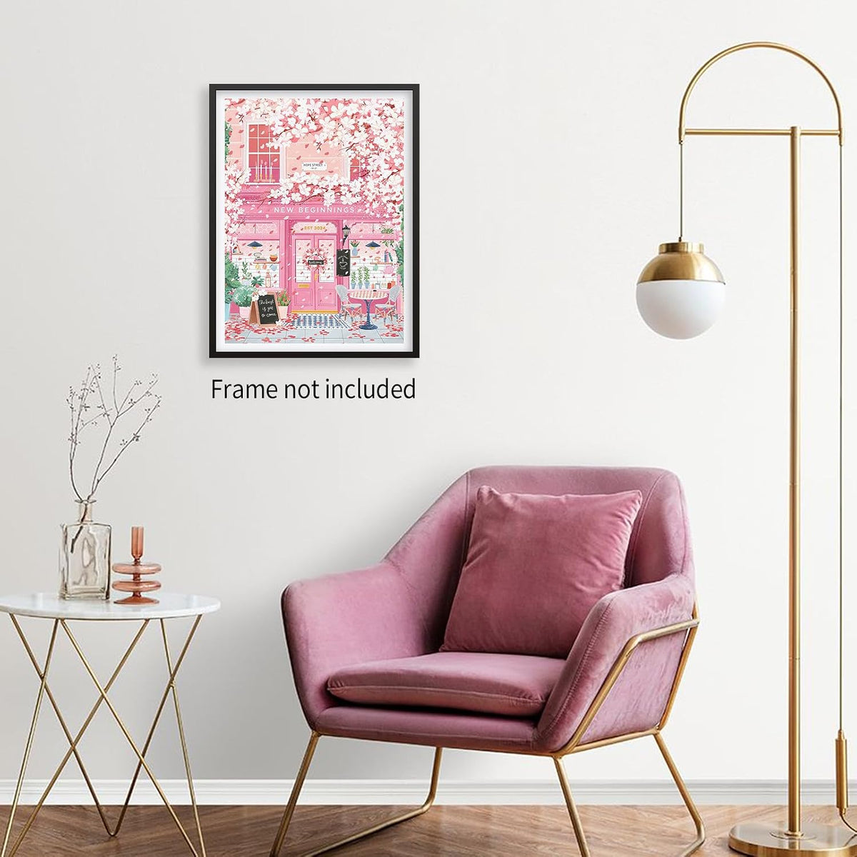 Pink Blossom Cafe Canvas Wall Art Trendy Pink Cherry Flower Poster Funky Pastel Girly Aesthetic Prints for Kitchen Coffee Room 16X24 inch Unframed