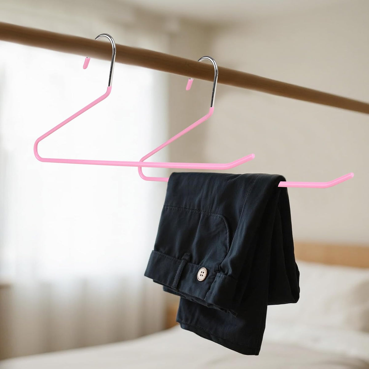 Metal Pants Hangers with Non-Slip Coating, Pink, 24-Pack