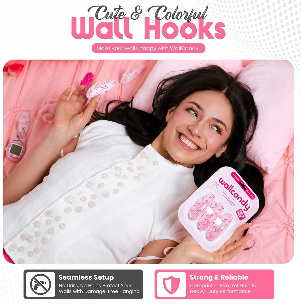 Adhesive Wall Hanging Hooks | Pack of 3 Cute Print Wall Hooks with Heavy Duty Stick-On Strips that Hold Up to 3lbs, Easy to Install Hanging Hook for Walls (Pink Bow)