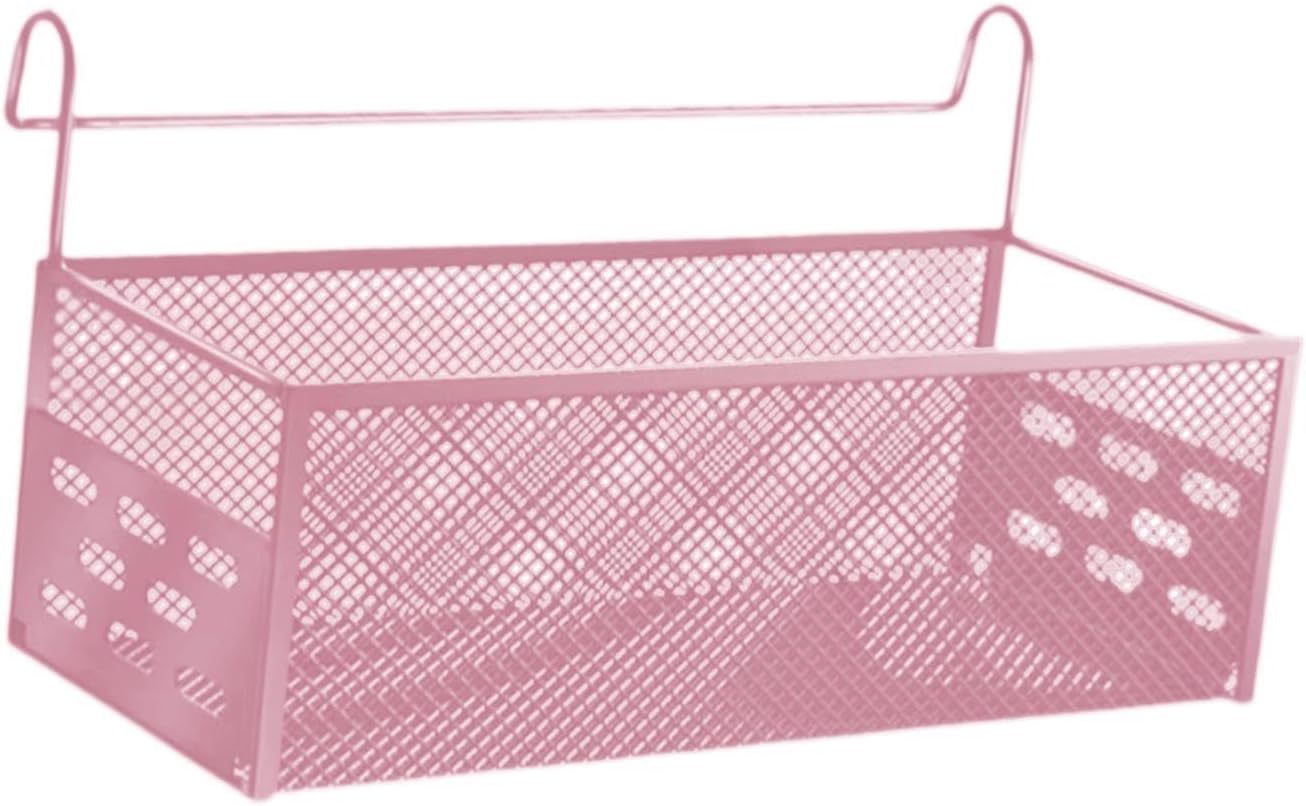 Hanging Storage Basket Iron Mesh Organizer Shelf Bedside Storage Rack Versatile Waterproof Design Suitable for Dormitory College Bedroom Office Home, Pink