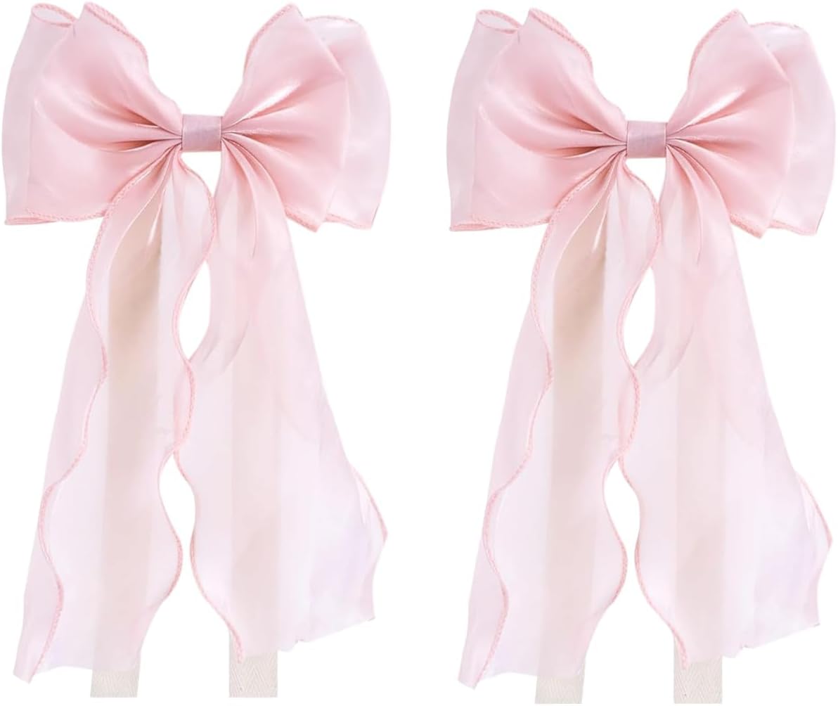 2 Pcs Silky Bow Curtain Tiebacks, Pink Satin Ribbon Bowknot Curtain Straps, Decorative Drape Holdbacks for Wedding, Home, Bedroom and Office Window Treatments
