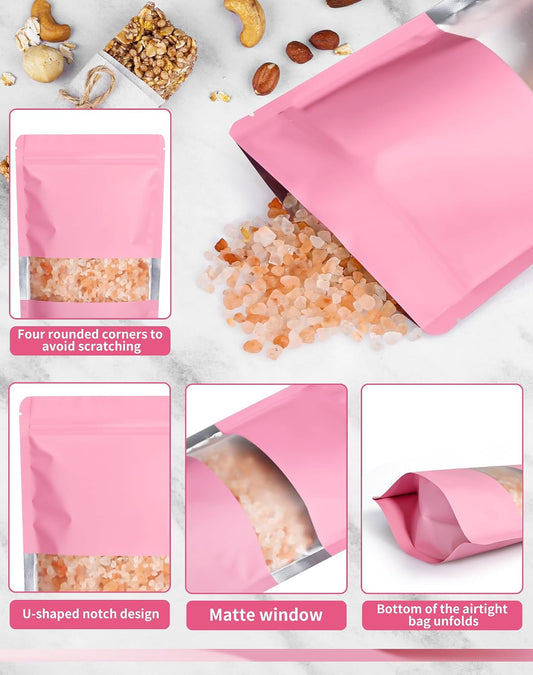 100 Pack Resealable Bags with Matte Window(Pink,4" x 6")