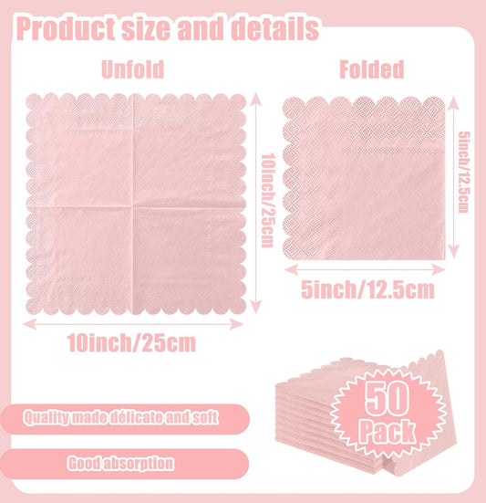 50 Pieces 3-ply Light Pink Napkins Disposable Folded 5 x 5 Inches Scalloped Cocktail Napkins Paper Napkins for Dinner Wedding Birthday Party Pink Dessert Napkins