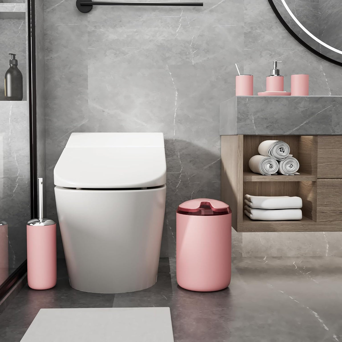 Bathroom Accessories Set 6 Piece Bath Ensemble Includes Toothbrush Holder, Soap Dispenser for Decorative Countertop and Housewarming Gift, Pink
