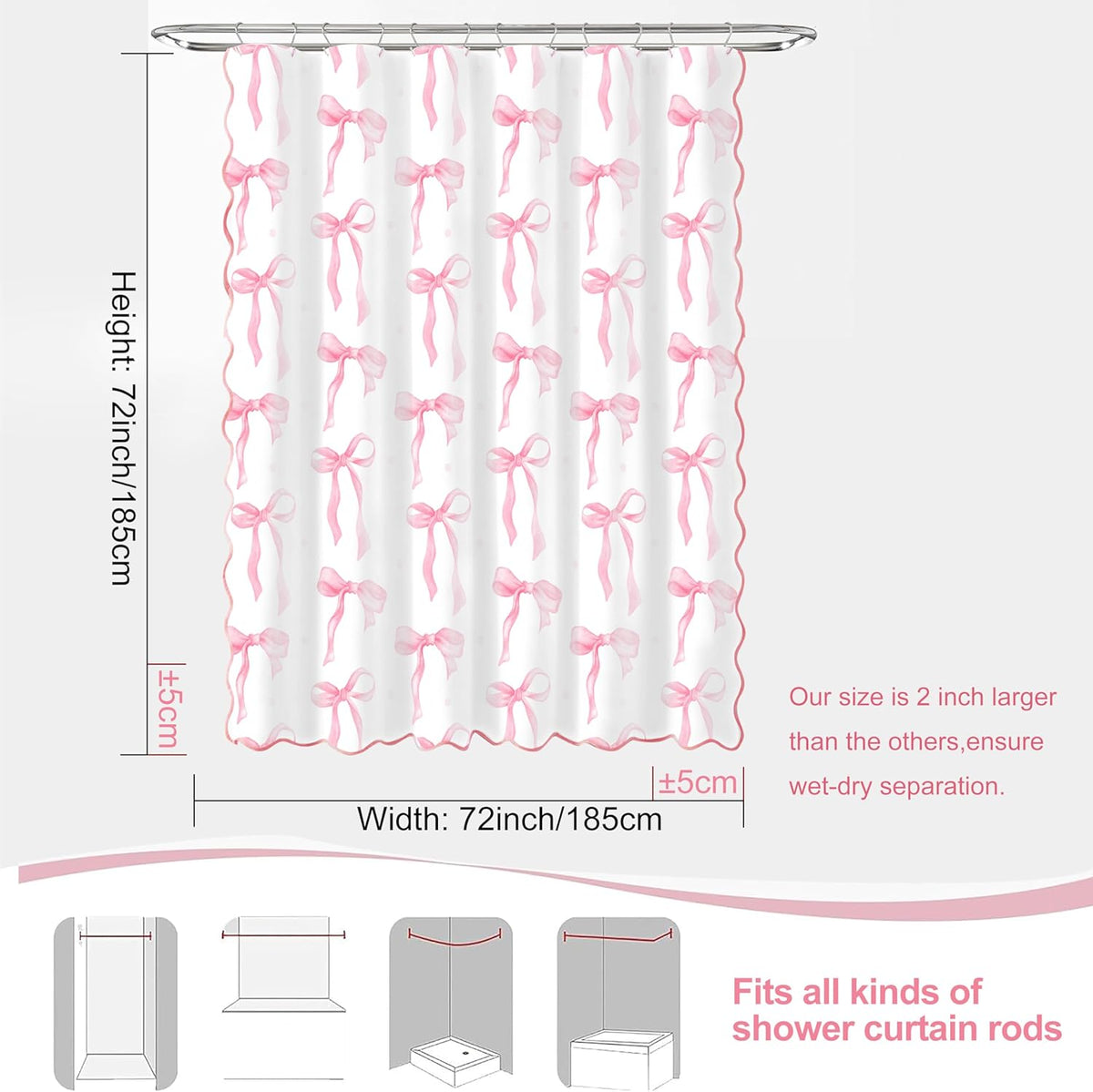 Girls Pink Bow Shower Curtain with Scalloped for Preppy Bathroom Decor,Cute Ruffle Girly Shower Curtains,Coquettecute Chic Aesthetic Shower Curtain Set with Hooks 72x72 Inch