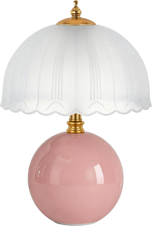 Mushroom Table Lamp, Ceramic Bedside Lamp with Glass Shade, 3-Way Lighting (2700K-5000K) Rocker Switch, Small Nightstand Lamp for Bedroom, Living Room, Office, Pink