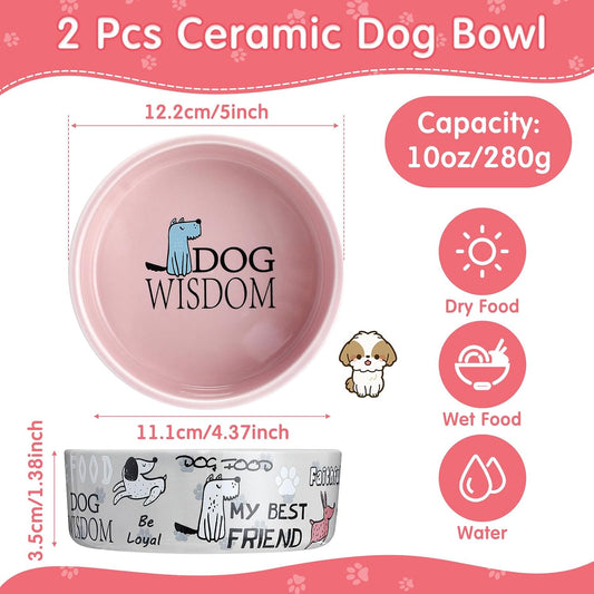 2 Pcs 5 Inch Ceramic Dog Bowls Dishes for Small Dogs, Pink, Gray