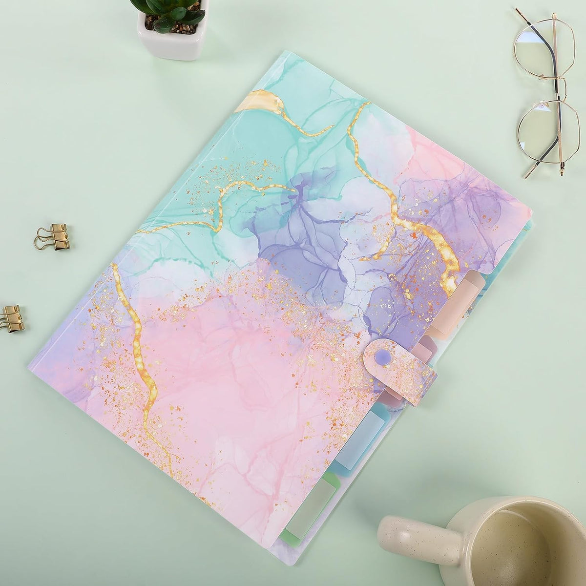 Expanding File Folder with 5 Pockets, Cute Accordion File Organizer, Letter Size Filing Folder, Letter Size Folders for Documents, School Office Supplies Marble Pink