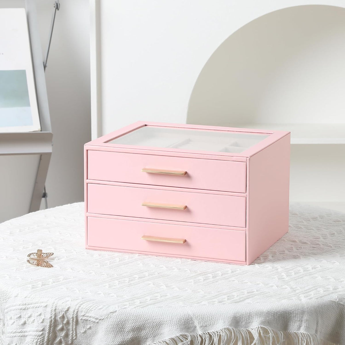 Jewelry Box for Women,Clear Lid Jewelry Organizer with 3 Drawers
