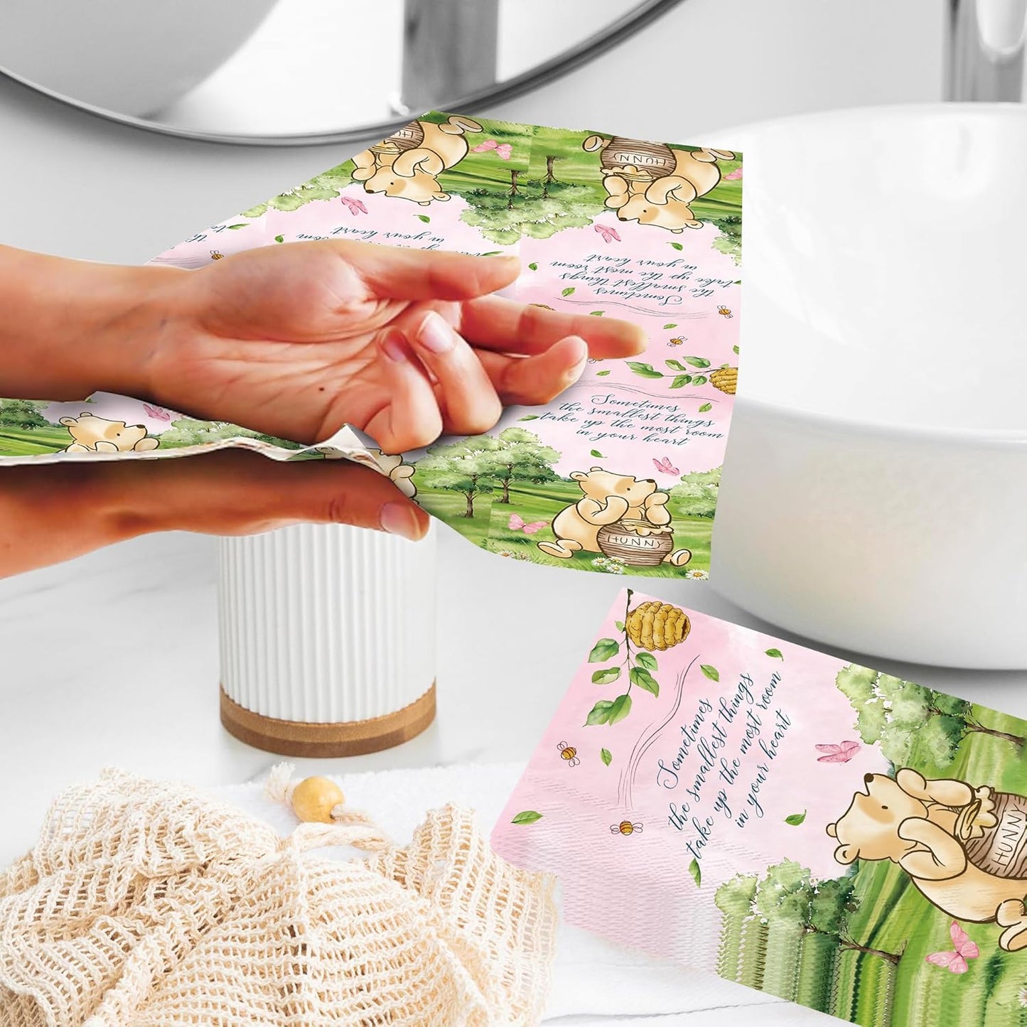 100pcs Bear Paper Napkins Decorative Bathroom Napkins Guest Disposable Pink Bear Hand Towels Dinner Party Napkins for Birthday Party Baby Shower Decorations