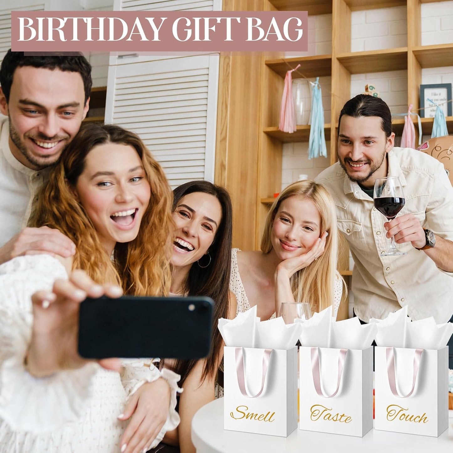 Yeaqee 24 Pcs 12 Sets Wedding Gift Bags with Metallic Markers Tissue Paper, 9 x 7 x 3.15 Personalized DIY Ribbon Handle Gift Bags for Valentines Birthday Shopping Bridal Baby Shower(White, Rose)