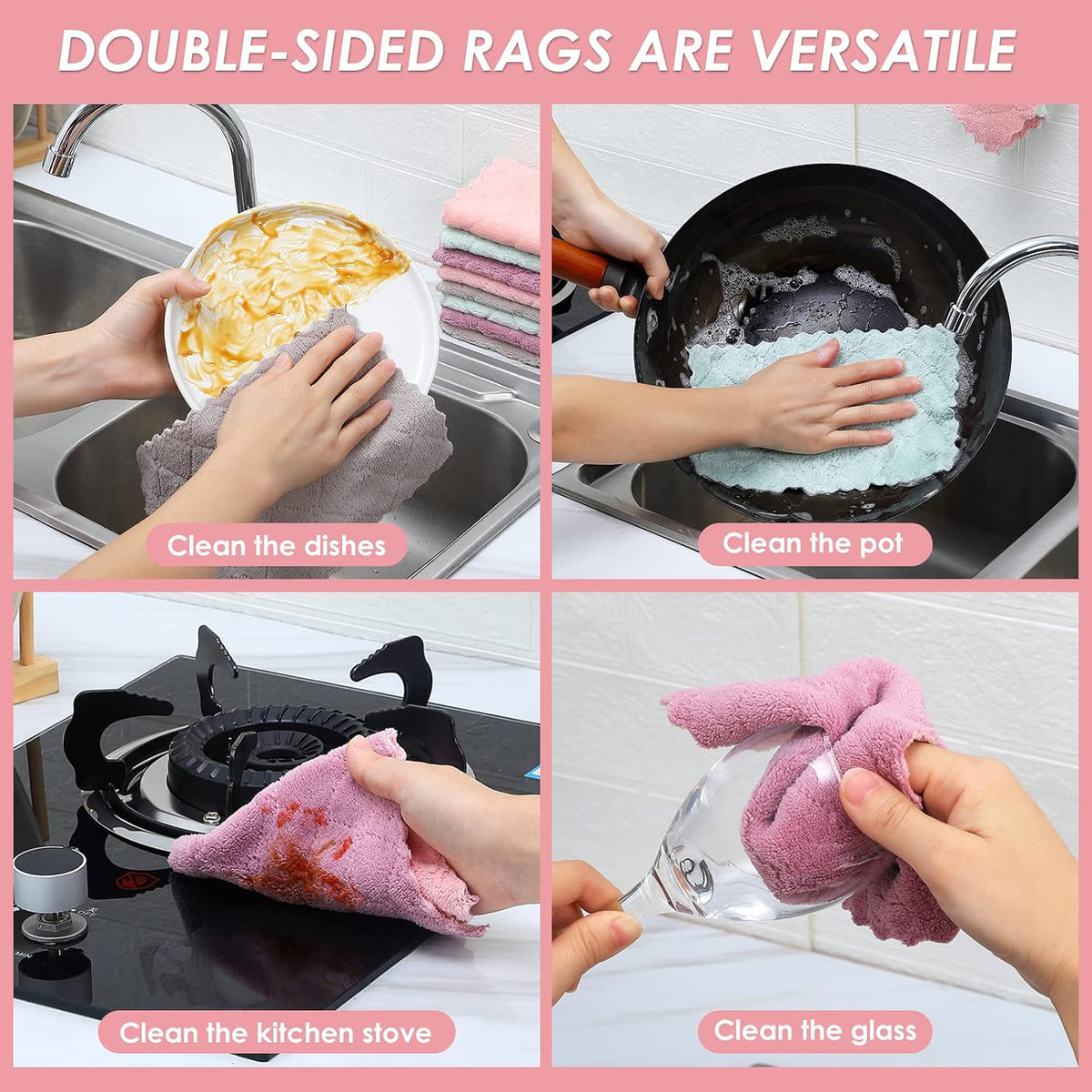 11Pack Kitchen Dish Cloths Reusable Dish Towels,Super Absorbent Coral Velvet Cleaning Cloths for Cleaning Tableware, Kitchen, Bathroom(Pink grey10 x 6")