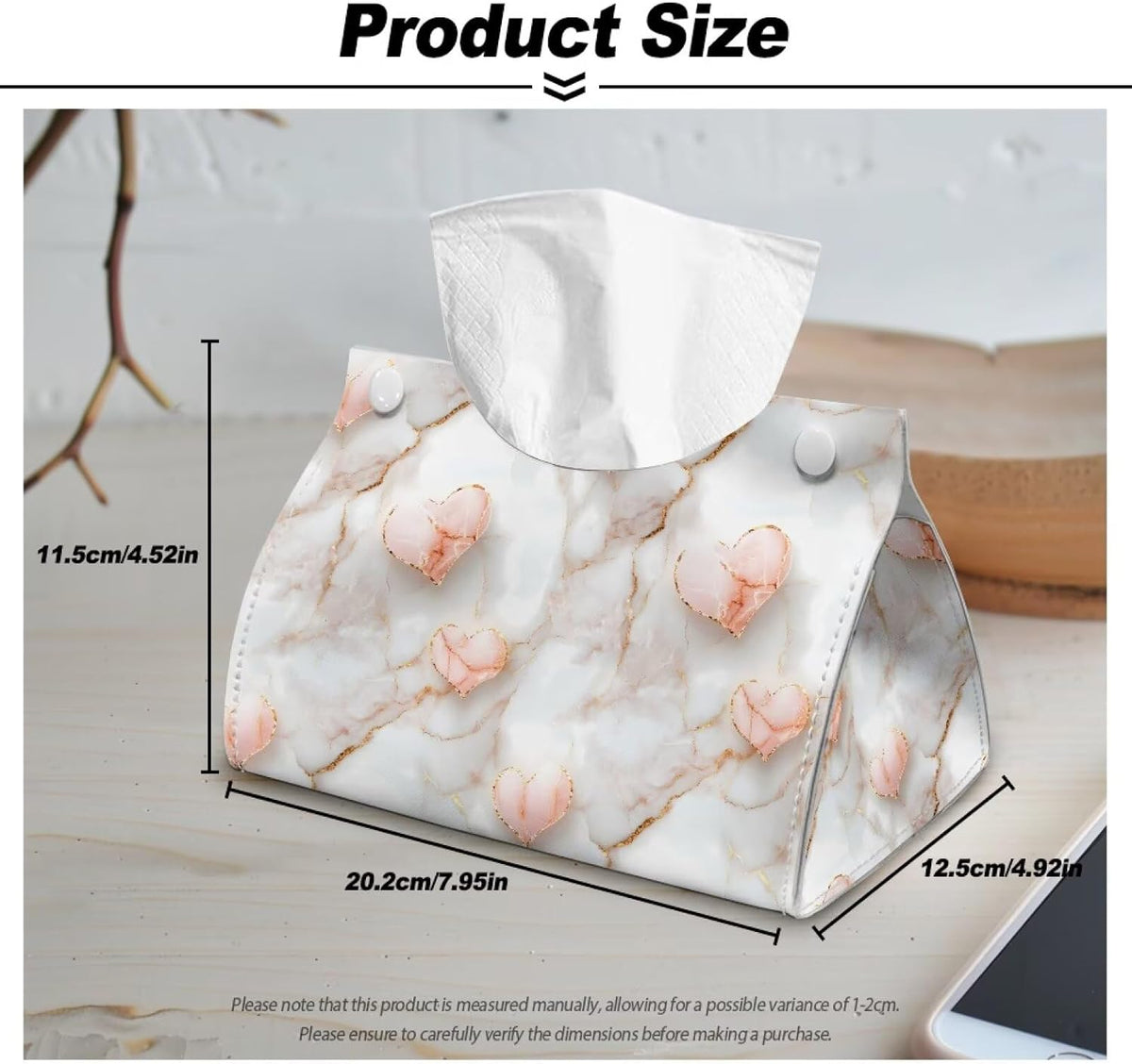 Pink Marble Heart Long PU Leather Tissue Box Cover - Classic Elegant Triangle Tissue Box Holder Decorative, Rectangle Tissue Box Holder, Tissue Holders Decorative