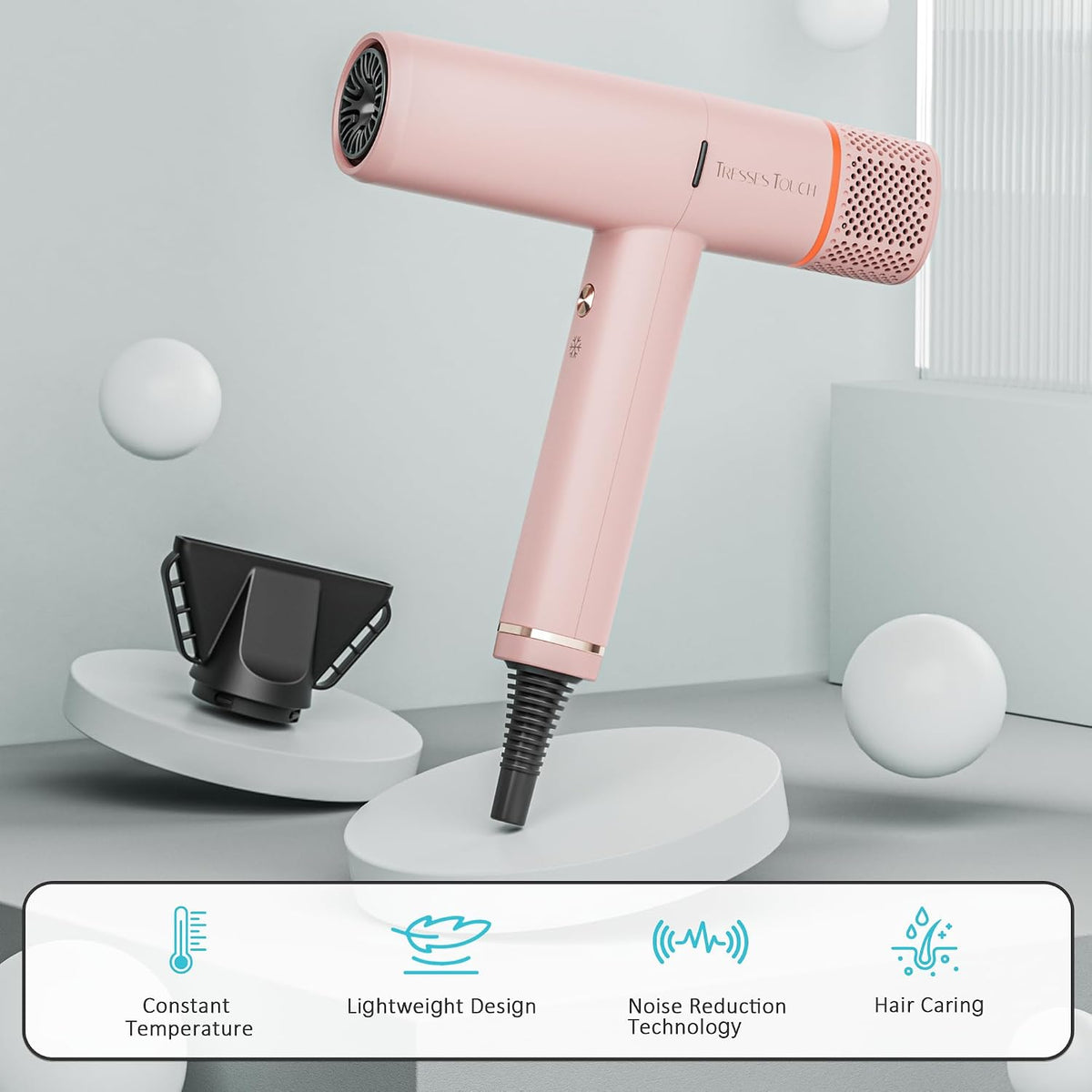 Ionic Hair Dryer with Diffuser and Concentrator, Professional Lightweight Quiet Blow Dryer, Powerful 1600 Watt Motor for Fast Drying and Straight & Wavy Hair, 3 Temps/2 Speeds, 6.56 Ft Cord, Pink