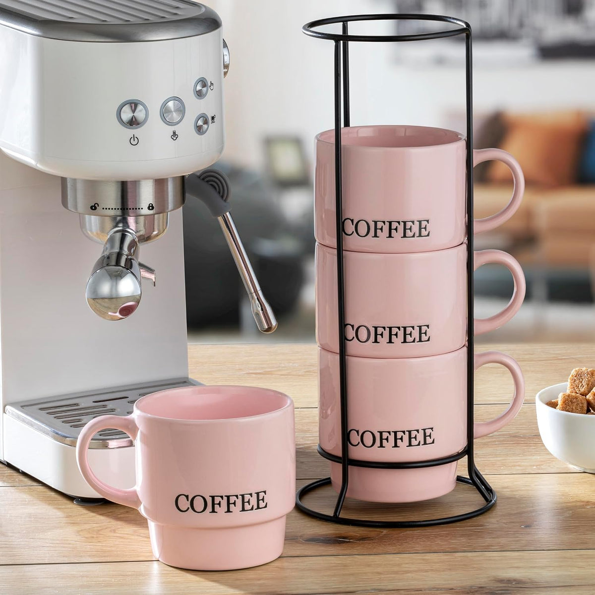 Stackable Coffee Mug Tower Set with Metal Wire Rack - 15 Ounce Coffee Mugs for Coffee, Tea, Cocoa, Milk, Cappuccino, Hot Chocolate Set of 4 - Pink Coffee