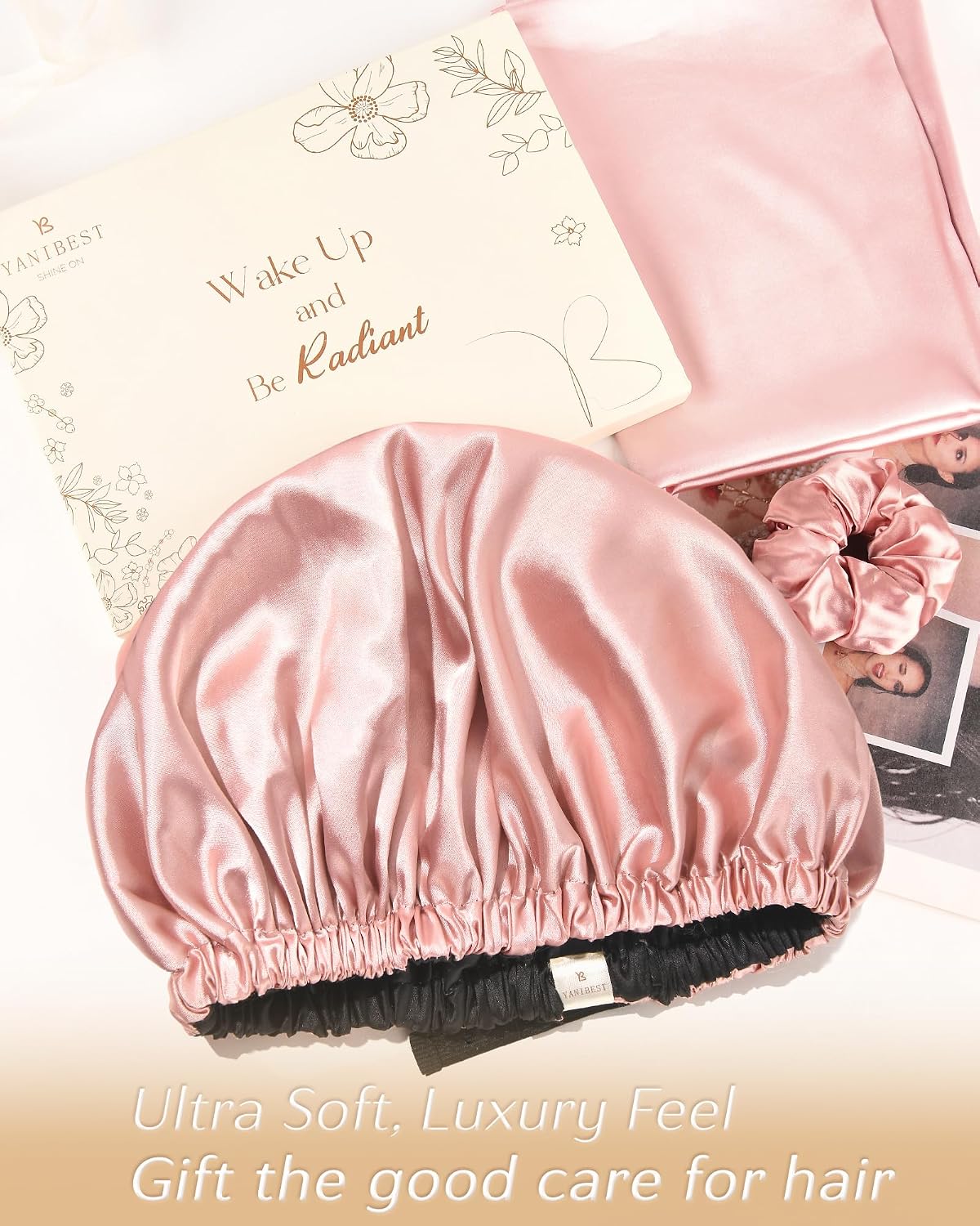 Adjustable Satin Bonnet Double Layer Hair Bonnet for Sleeping Bonnets for Women Hats Curly Natural Hair, Blush Pink