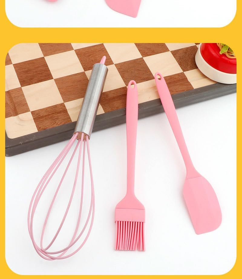 Spatulas Silicone Heat Resistant - Kitchen Utensil Set - Cooking tools, whisk, brush. Gift For Woman and Men (Pink)