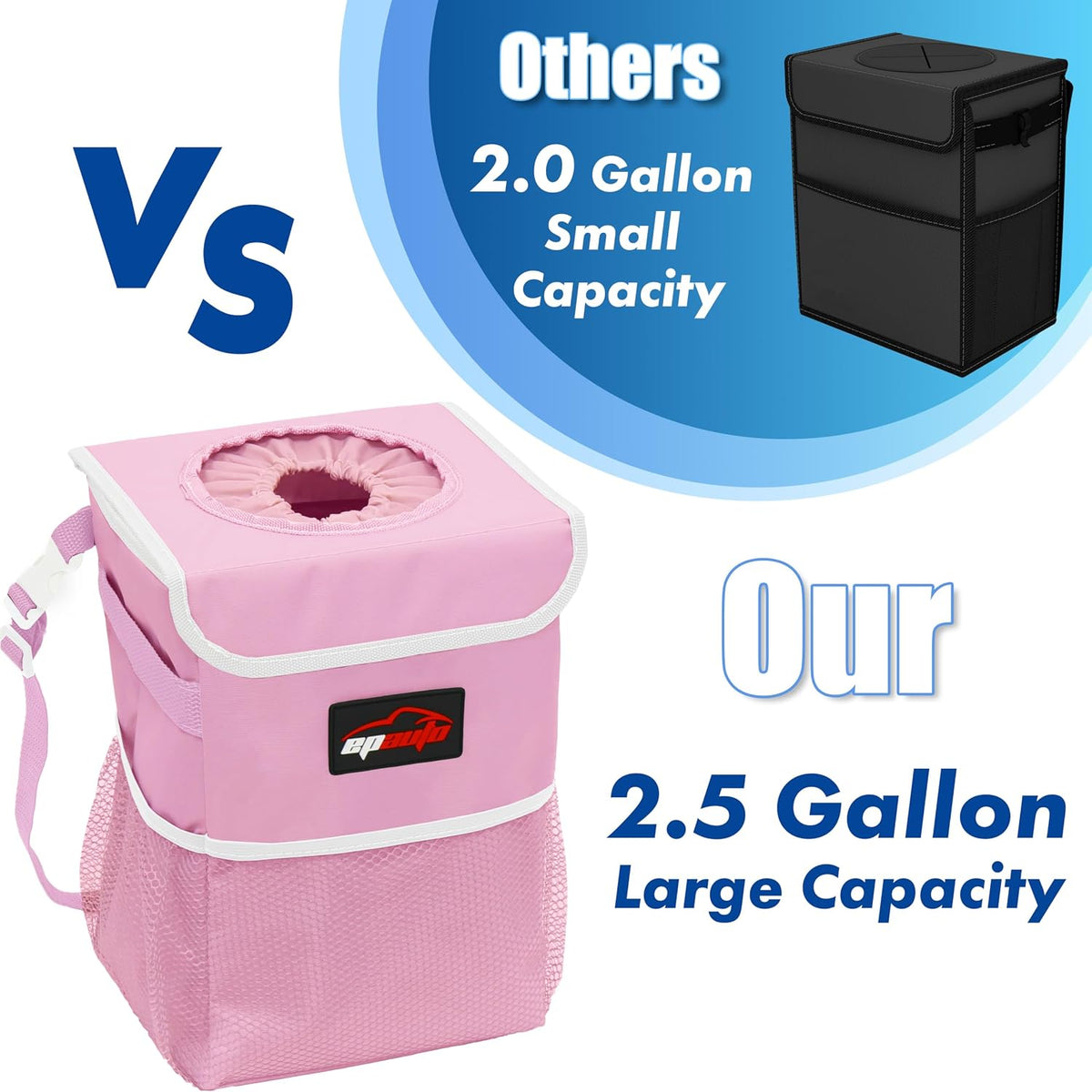 Waterproof Car Trash Can with Lid and Pockets, 2.5 Gal, Pink