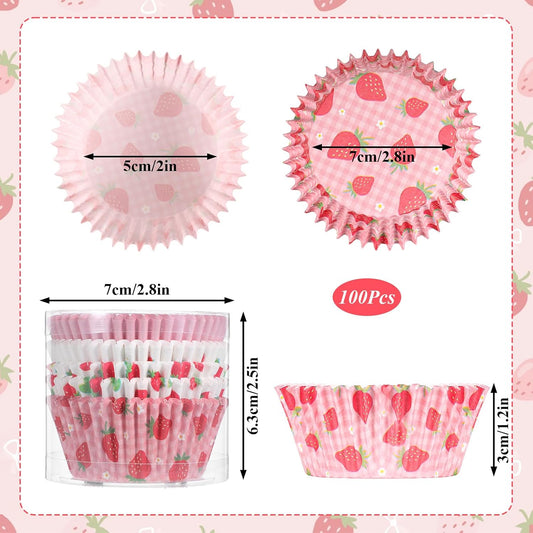 Strawberry Cupcake Liners, 100 Pcs Cute Cupcake Liners Pink Strawberry Cup Cake Wrappers Paper Baking Cup for Wedding Bridal Baby Shower Spring Summer Berry Themed Birthday Party Cake Decor