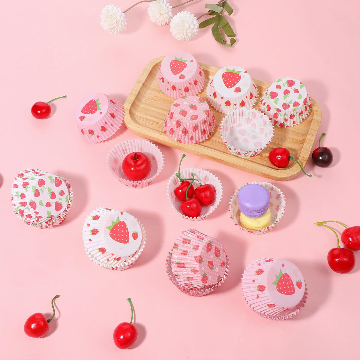 Strawberry Cupcake Liners, 100 Pcs Cute Cupcake Liners Pink Strawberry Cup Cake Wrappers Paper Baking Cup for Wedding Bridal Baby Shower Spring Summer Berry Themed Birthday Party Cake Decor