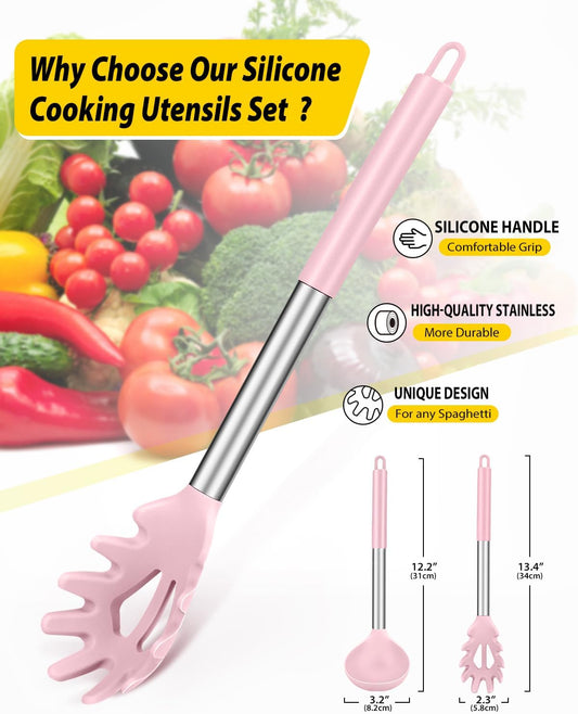 Silicone Soup Ladle and Pasta Spoon Set, 2 Pack, Pink