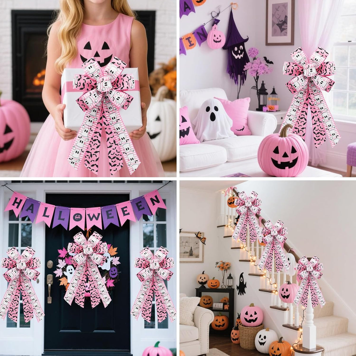 Pink Halloween Wired Ribbon, 4 Rolls Ghost Ribbon for Wreath Bow Making