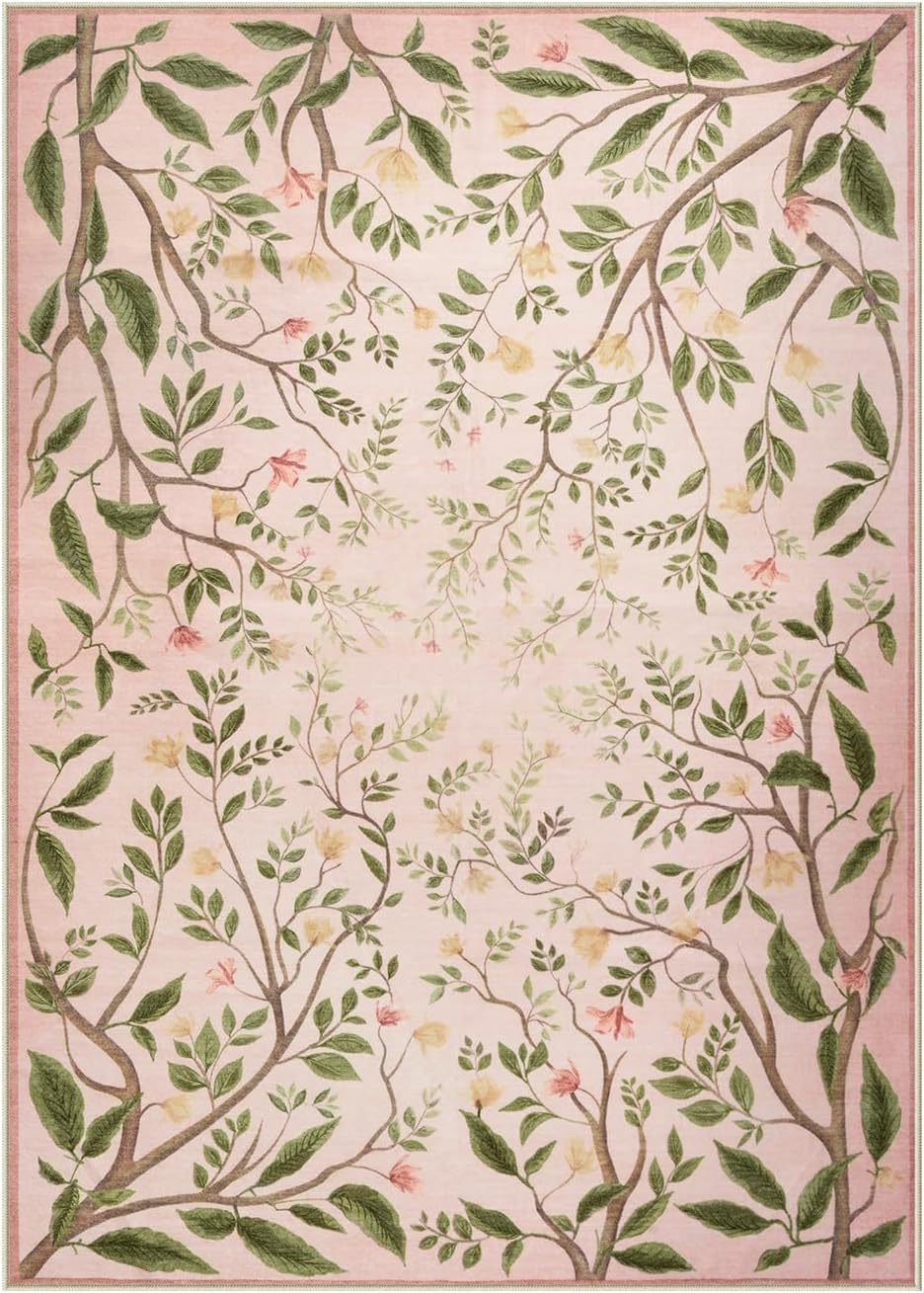 Washable Area Rugs for Living Room, 5x7 Pink Rugs for Bedroom Girls, Floral Botanical Flourishing Vines Rug Soft Non-Slip Stain Resistant Boho Carpet for Nursery Dining Room Office