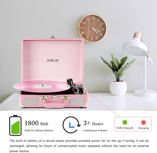 Pink Vinyl Record Player 3 Speeds Portable Suitcase Turntable with Built-in Dual Speakers, Bluetooth Gramophone with Built-in Battery 3.5mm Aux Input/RCA Output