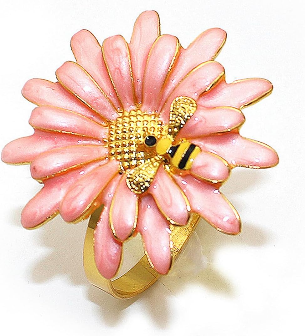 Sunflower Napkin Rings Set of 6 Pink Daisy Napkin Ring Holder for Spring Party Wedding Holiday Gatherings Dining Decor,Bee Flower Napkin Buckles for Rustic Farmhouse Daliy Table Setting