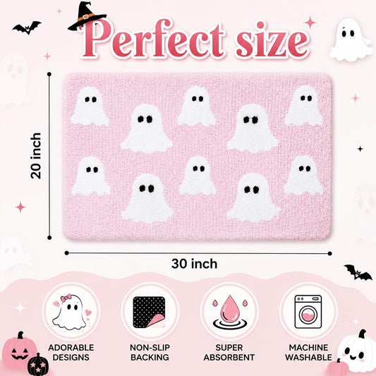 Halloween Ghost Bathroom Rug, Cute Tufted Bath Mat, Pink