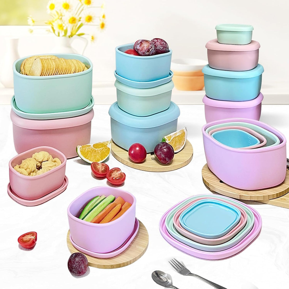 Silicone Food Storage Container Bento Box 4 Pcs (30oz 20oz 10oz 6.7oz)