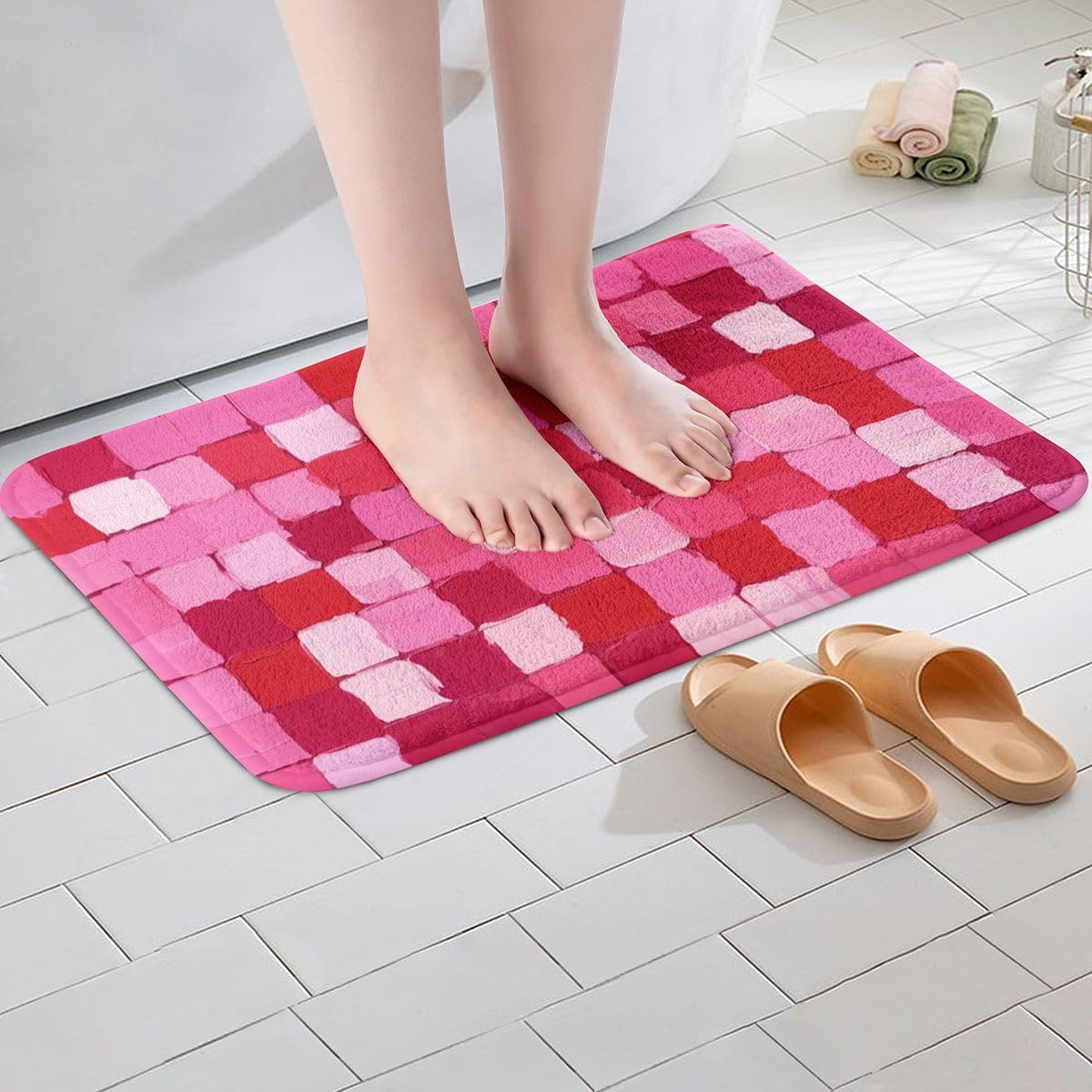 Checkered Bathroom Rugs Pink Plaid Bath Mats Microfiber Abstract Bathroom Accessories Geometric Floor Doormats Non-Slip 16"x24" Soft