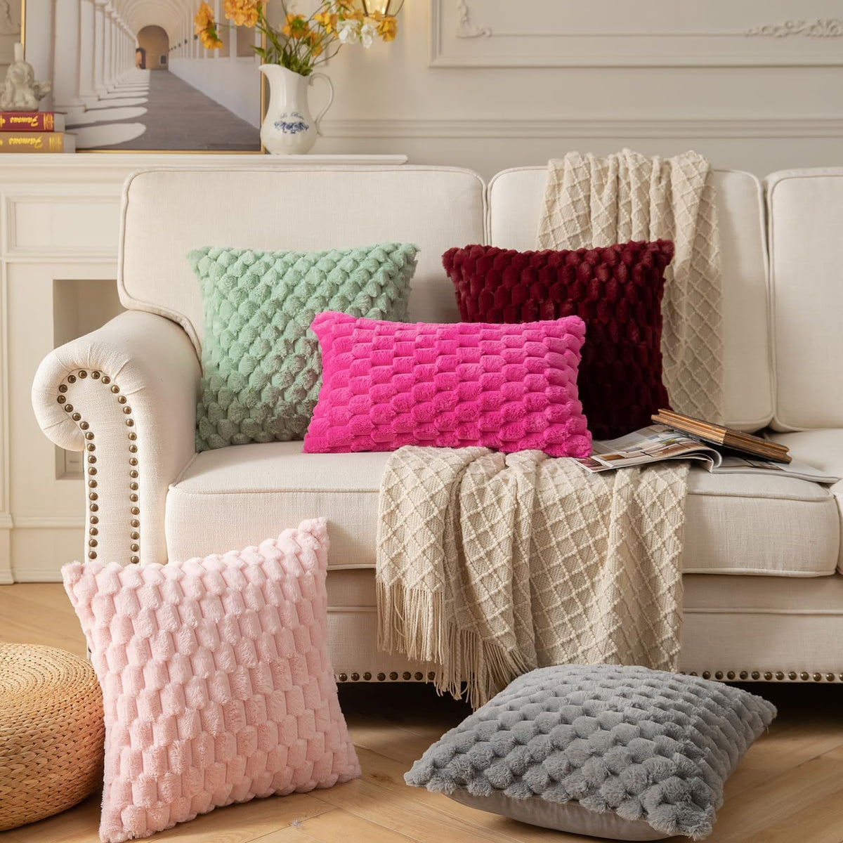 Pack of 2 Pink Super Soft Plush Fluffy Decorative Throw Pillow Covers 18x18 inch Faux Fur Wool Velvet Cushion Covers Pillow Cases Couch Sofa Bed Living Room