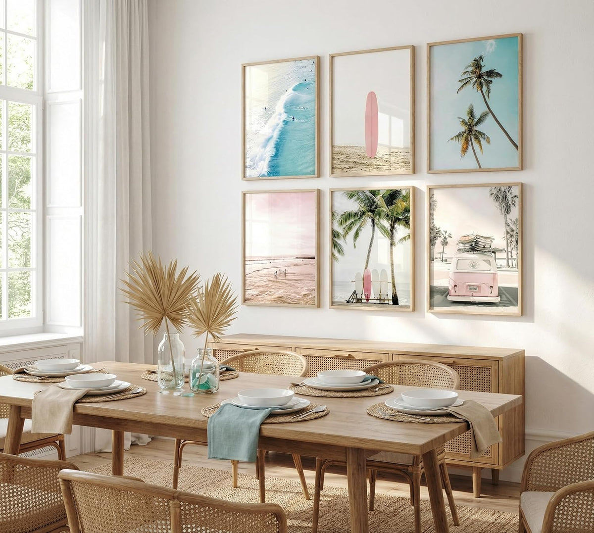 Pink Coastal Wall Art Canvas Poster Prints Set of 6