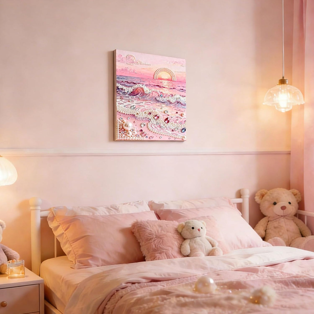 DIY Pink Beach Pearl Painting Kit, 15.75 * 11.81in Plastic Pearl Art Craft Handmade Pink Beach Decor 3D Art Craft for Adults Beginners Home Decor Present
