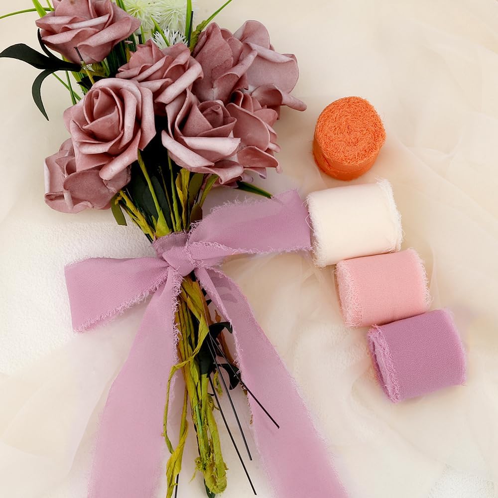 Light Pink and White Chiffon Ribbon Set - 4 Rolls, 1.5 Inch X 22 Yards - Orange, Dusty Pink, Baby Pink, Peach - Christmas Bow Maker for Wedding Decorations
