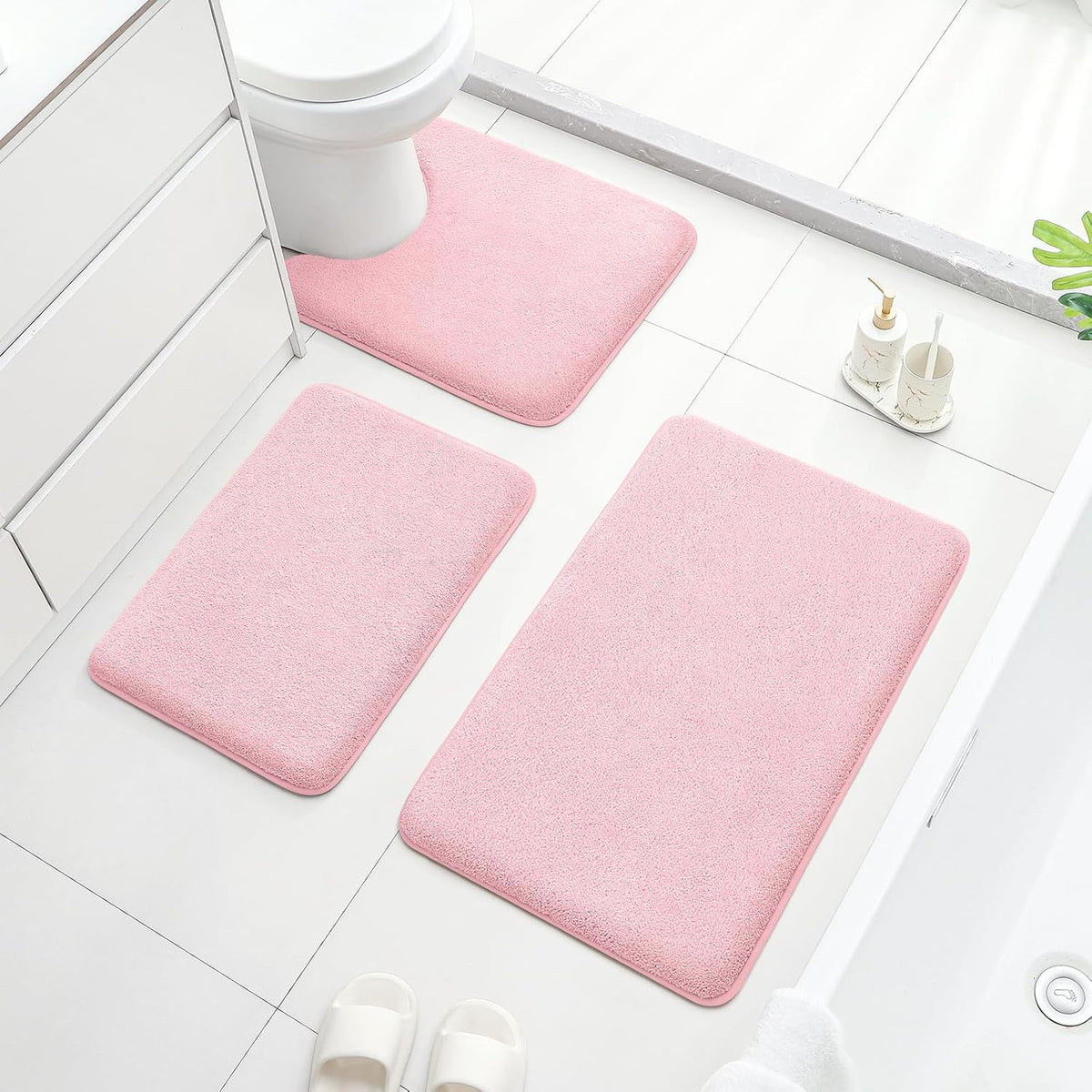 3 Piece Bathroom Rugs Set, Light Pink 17"x24"+20"x32"+20"x24"