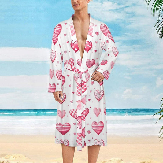 Bright Pink Heart Print Robes for Men Women, Soft Bathrobe Long Men Womens Robes Lightweight Cozy Bath Robe