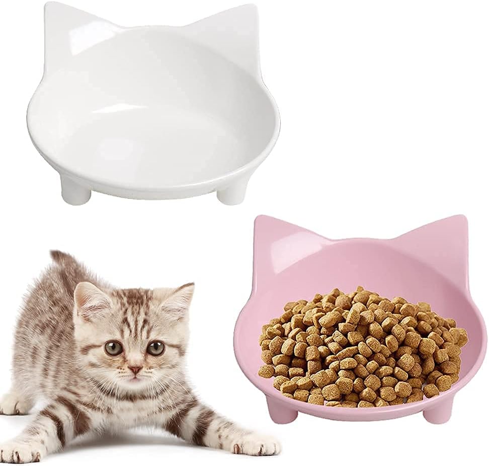 Cat Food & Water Bowls, Shallow Non-Slip Wide Cat Dishes for Whisker Relief