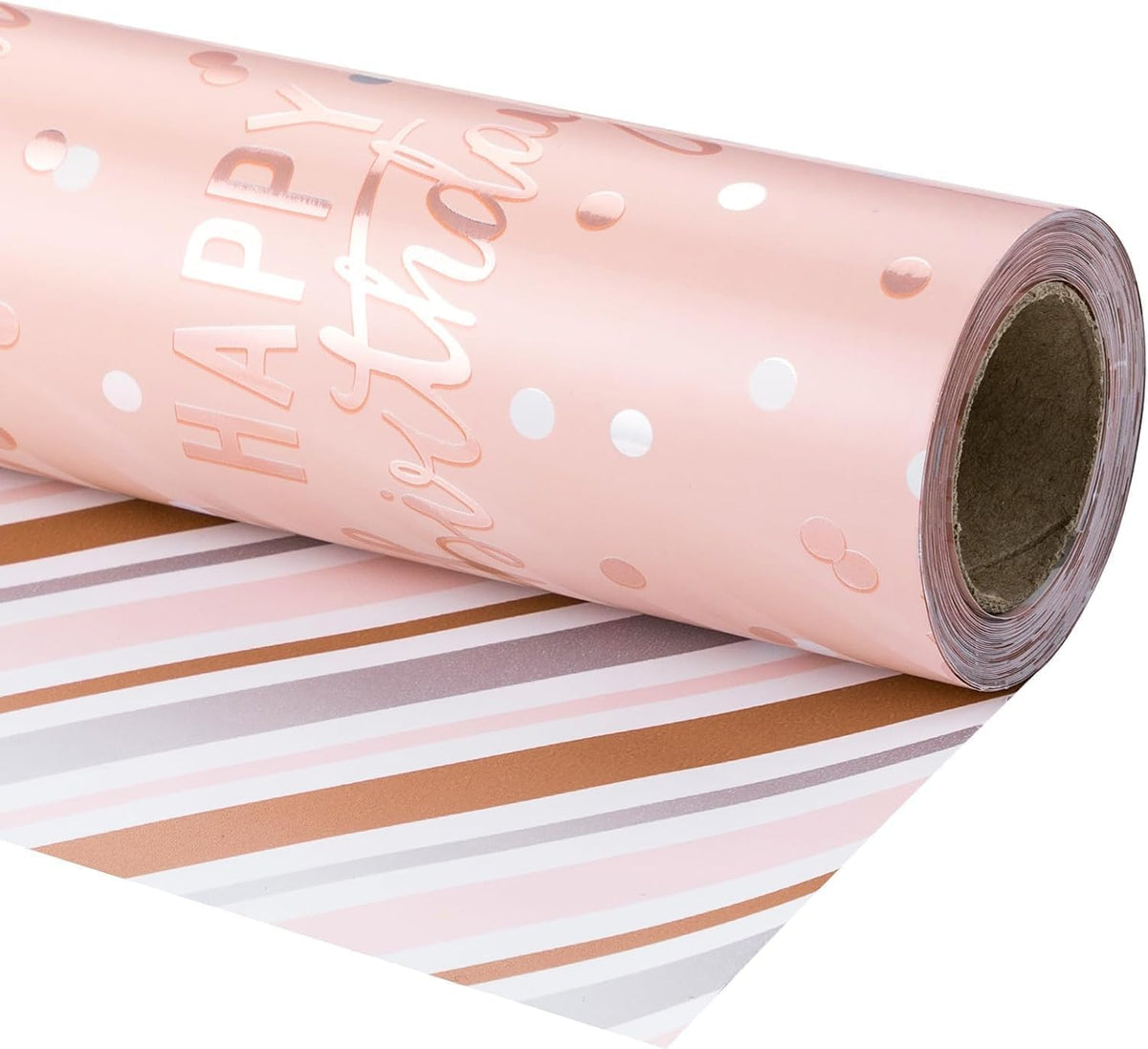 Reversible Pink Birthday Wrapping Paper Roll for Girls Women, Happy Birthday Lettering & Stripe Pattern with Metallic Foil in Pink, Mini Roll, 17 inches x 9.8 Feet