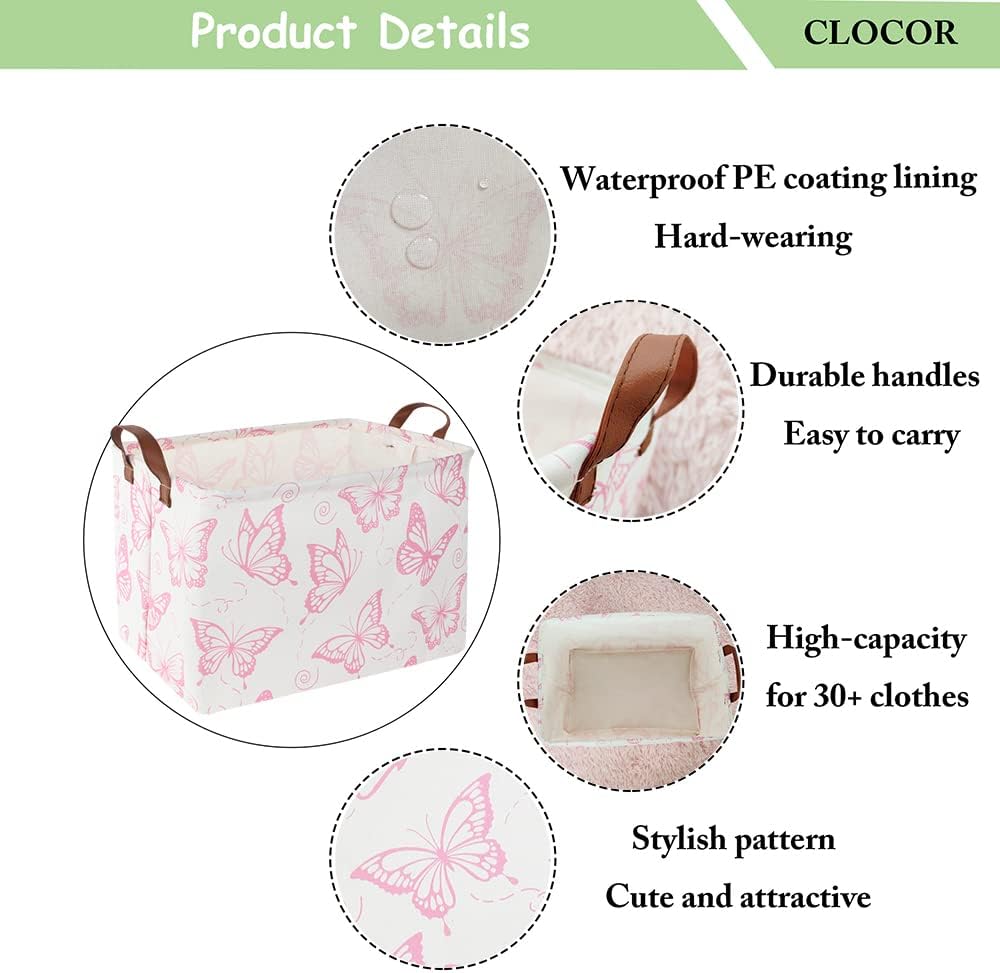Rectangular Fabric Storage Bin, Waterproof Storage Box with Handles(Pink Butterfly)