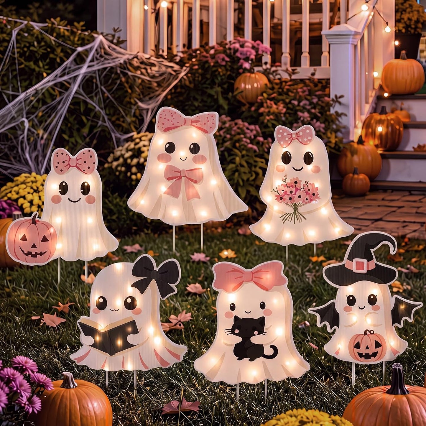 6 Pack Halloween Ghost Yard Stakes Pink Bow Lighted Outdoor Decor