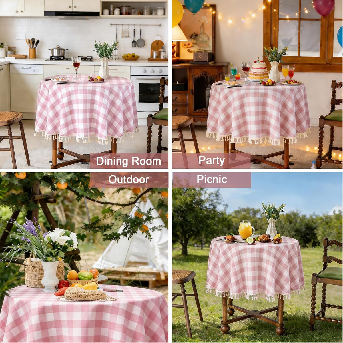 Pink Gingham Tablecloth Round 60 inch, Summer Washable Checkered Plaid Table Cloth Cotton Linen Fabric for Mothers Valentine's Day Outdoor Picnic Party