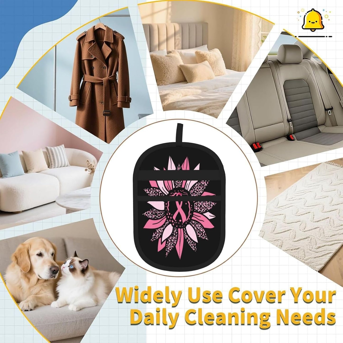 Pink Ribbon Breast Cancer Awareness Sunflower Pet Hair Removal Glove Dogs Hair Remover Glove Cats Fur Removal Tool with Hanging Loop for Couch 6.7X9.5 in