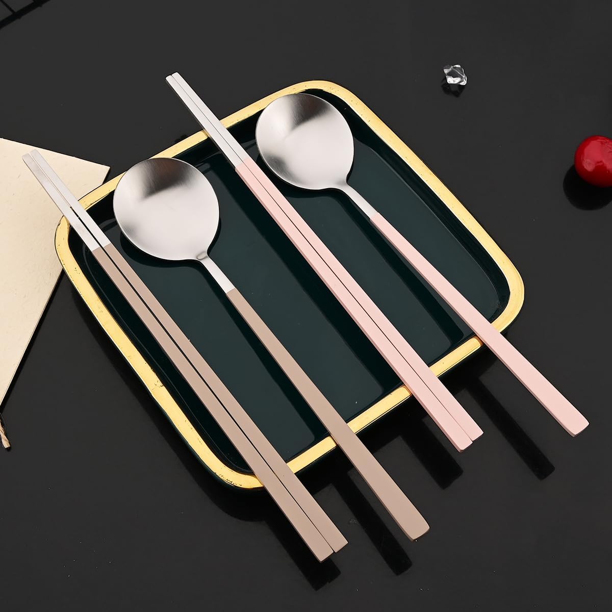 8-piece Pink Korean Chopstick and Spoon Set Service for 4 Matte Stainless Steel Flat Chopsticks Soup Spoons Set Satin Finished Dishwasher Safe for Noodles Sushi