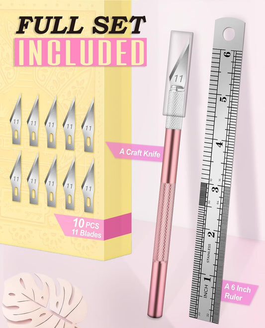 Exacto Knife Set with 10 Extra #11 Blades, 6-Inch Metal Ruler, Pink