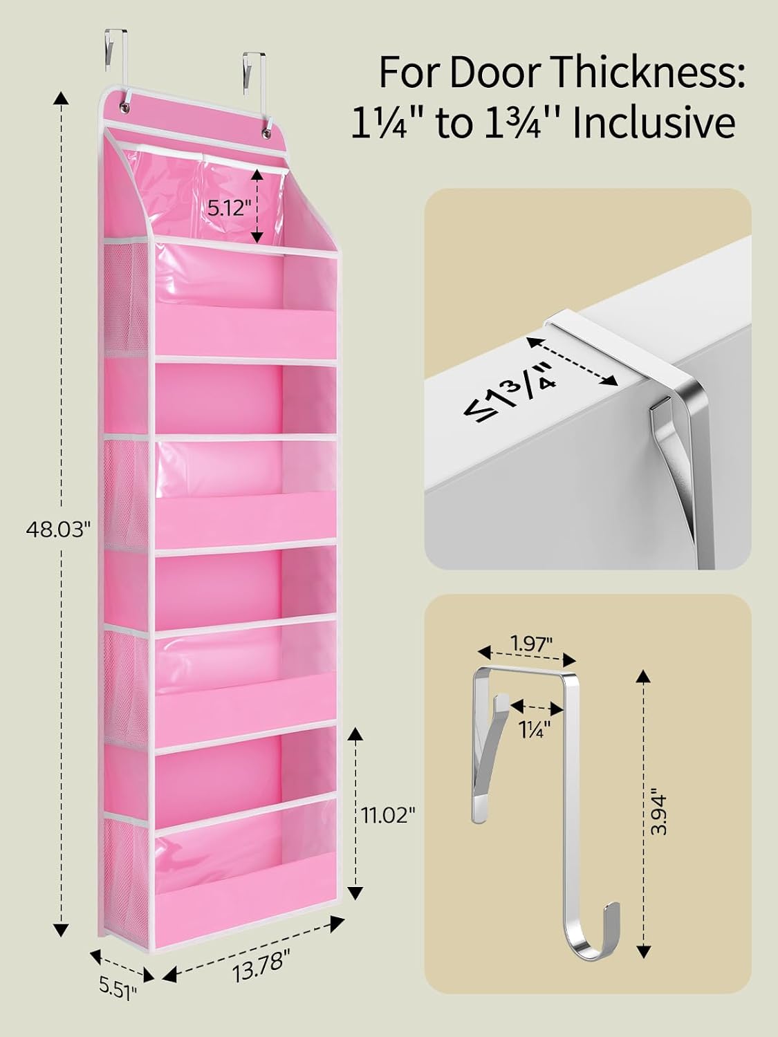 5 Tier Over the Door Organizer, Swing-proof Door Organizer Hanging with Clear PVC Windows, Behind the Door Storage for Bedroom Nursery Closet Laundry Pantry Bathroom, Pink