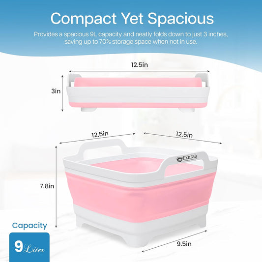 2.4 gal(9L) Pink Collapsible Dish Basin, Portable Sink or Dish Pan for Kitchen Sink with Drain Plug/Strainer, Space Saving Baby Bottle Wash Basin Collapsible Bucket, Beverage Tub for Camping